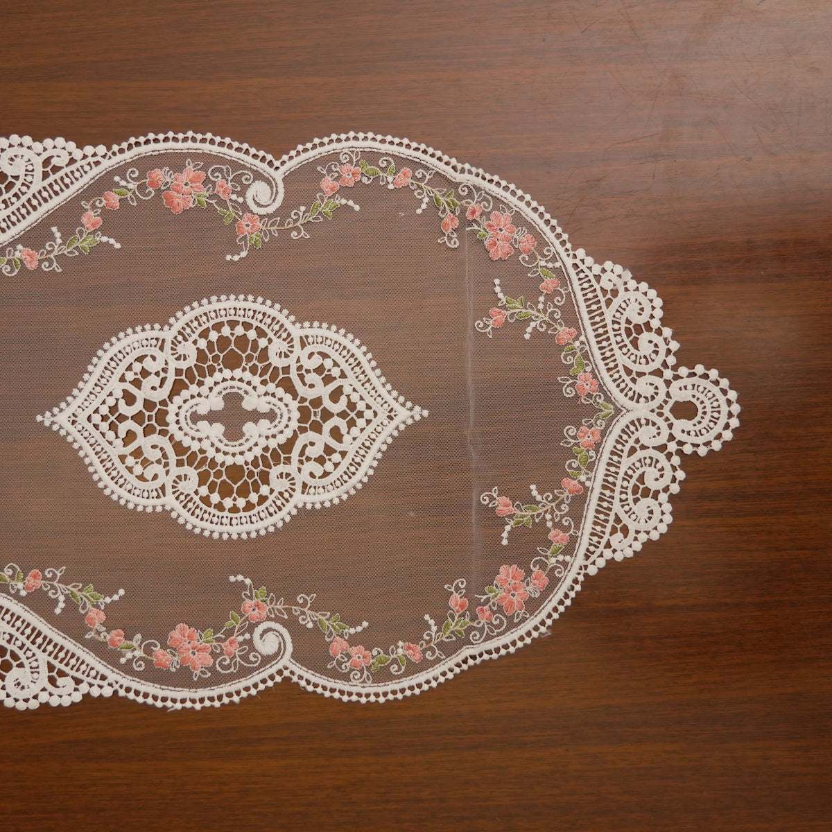 White Lace & Pink Floral Vine Sheer Table Runner (Long)