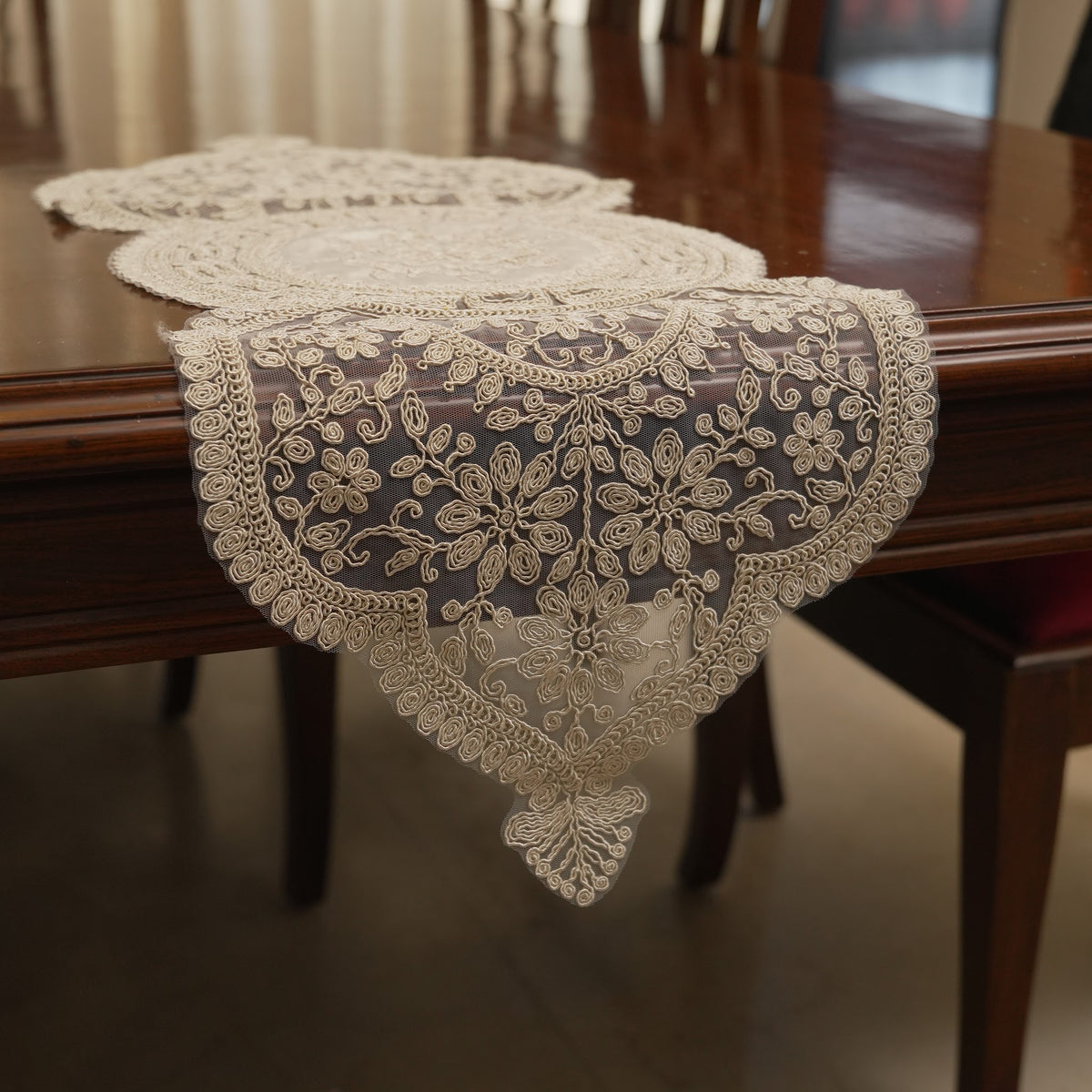 Ivory Greek Key Medallion Lace Table Runner (Small)