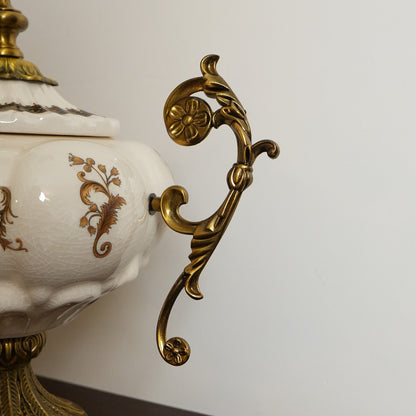 Ivory Baroque Ceramic Lidded Urn with Gold Scroll Handles & Pedestal