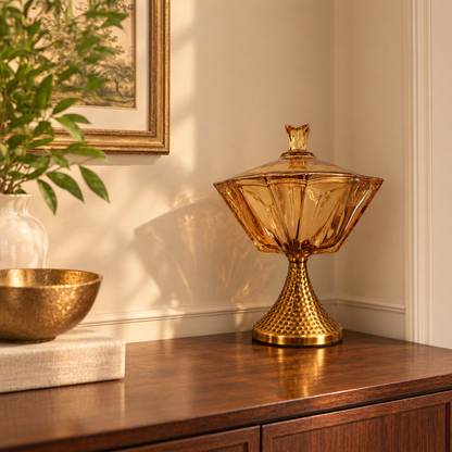Amber Glass Lidded Pedestal Bowl with Hammered Gold Stand