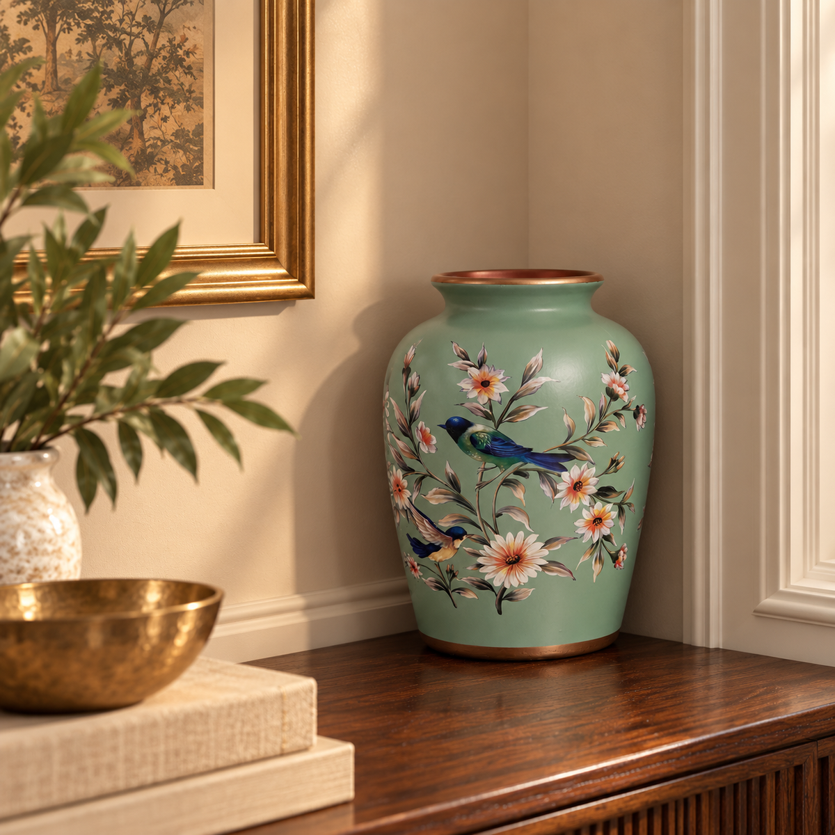 Sage Green Bird & Blossom Flared-Neck Ceramic Vase