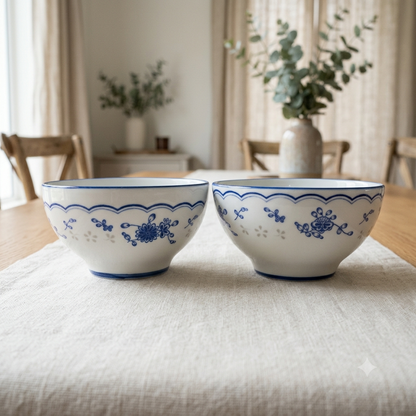 Blue Sprig Scalloped Ceramic Serving Bowl Set of 2