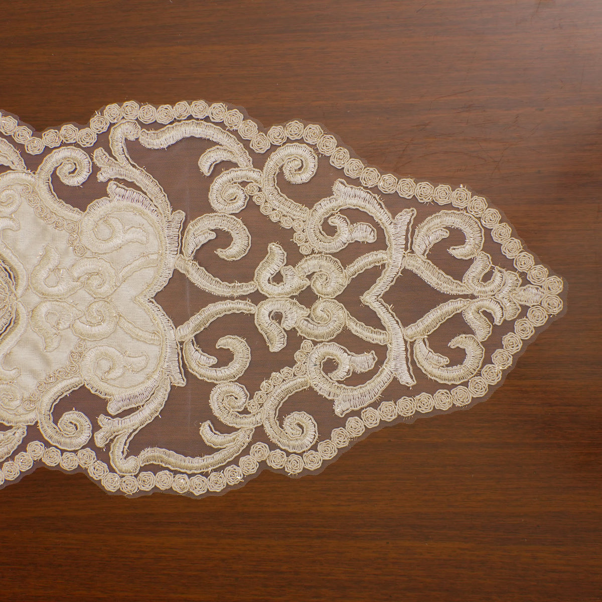 Ivory Satin Scroll Lace Table Runner (Long)