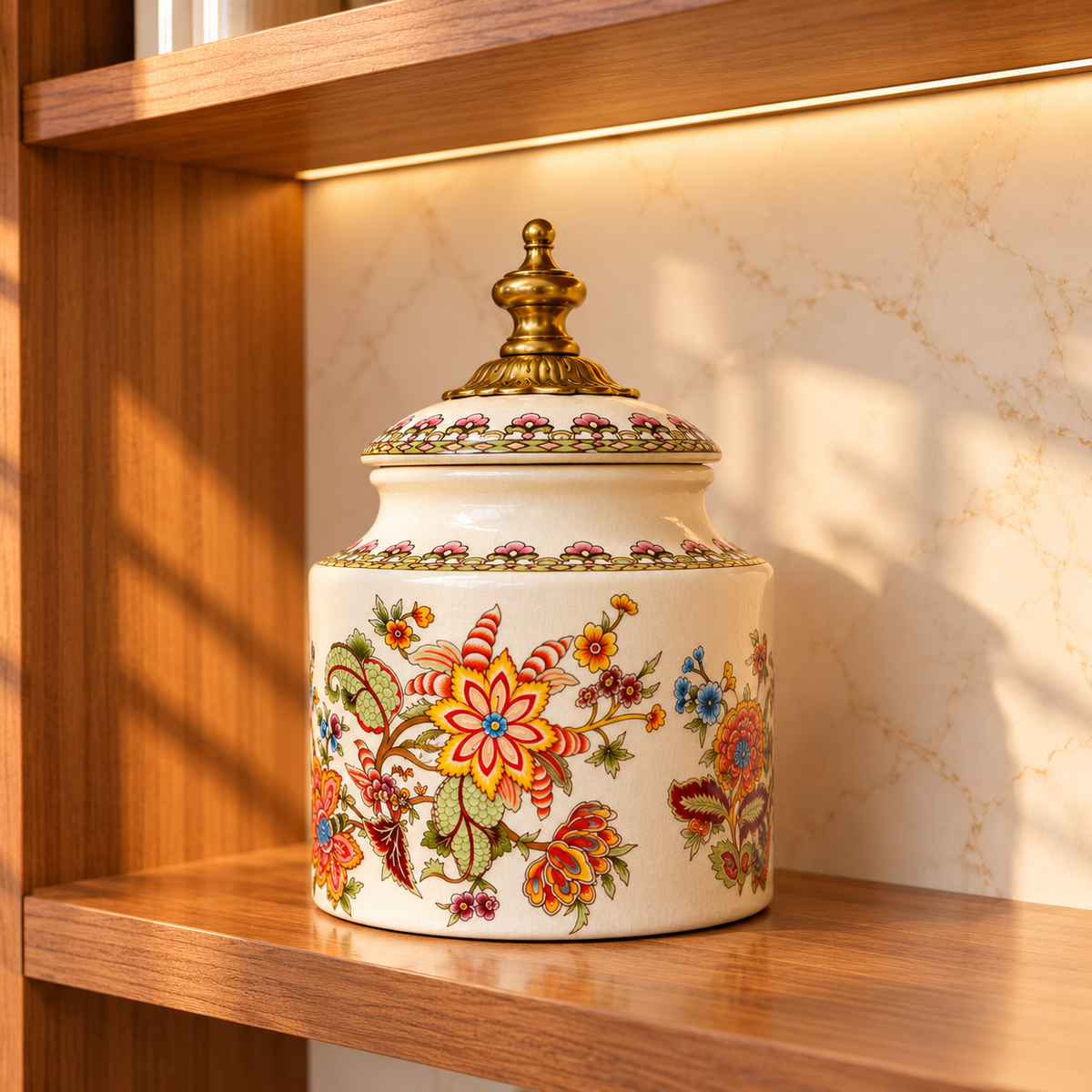Ivory Jacobean Floral Ceramic Round Jar with Brass Finial Lid