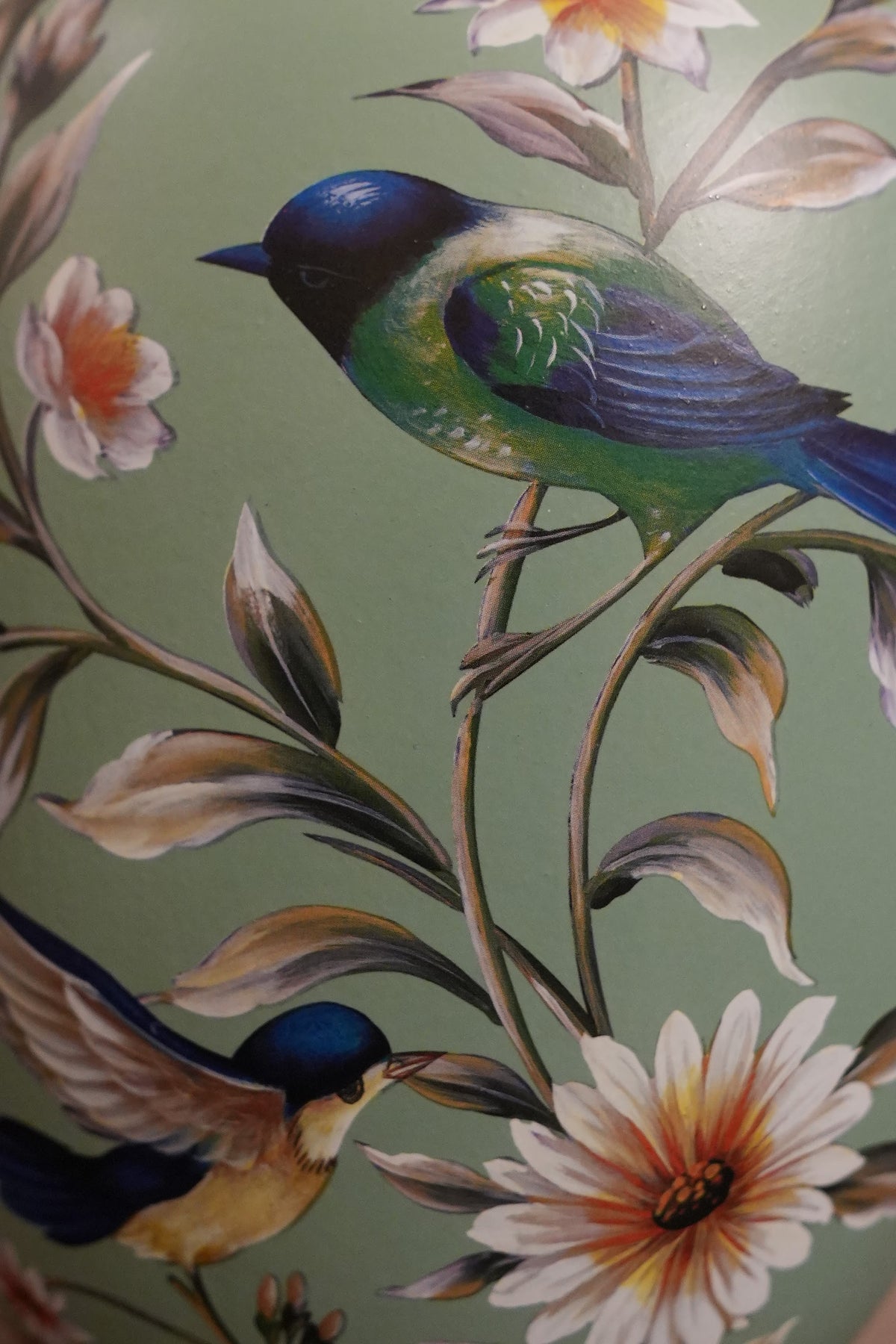 Sage Green Bird & Blossom Rounded Ceramic Vase
