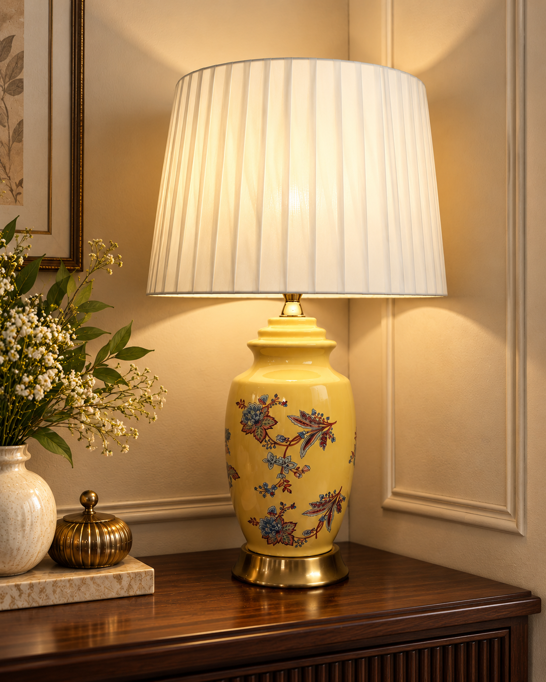 Yellow Paisley Floral Ceramic Table Lamp