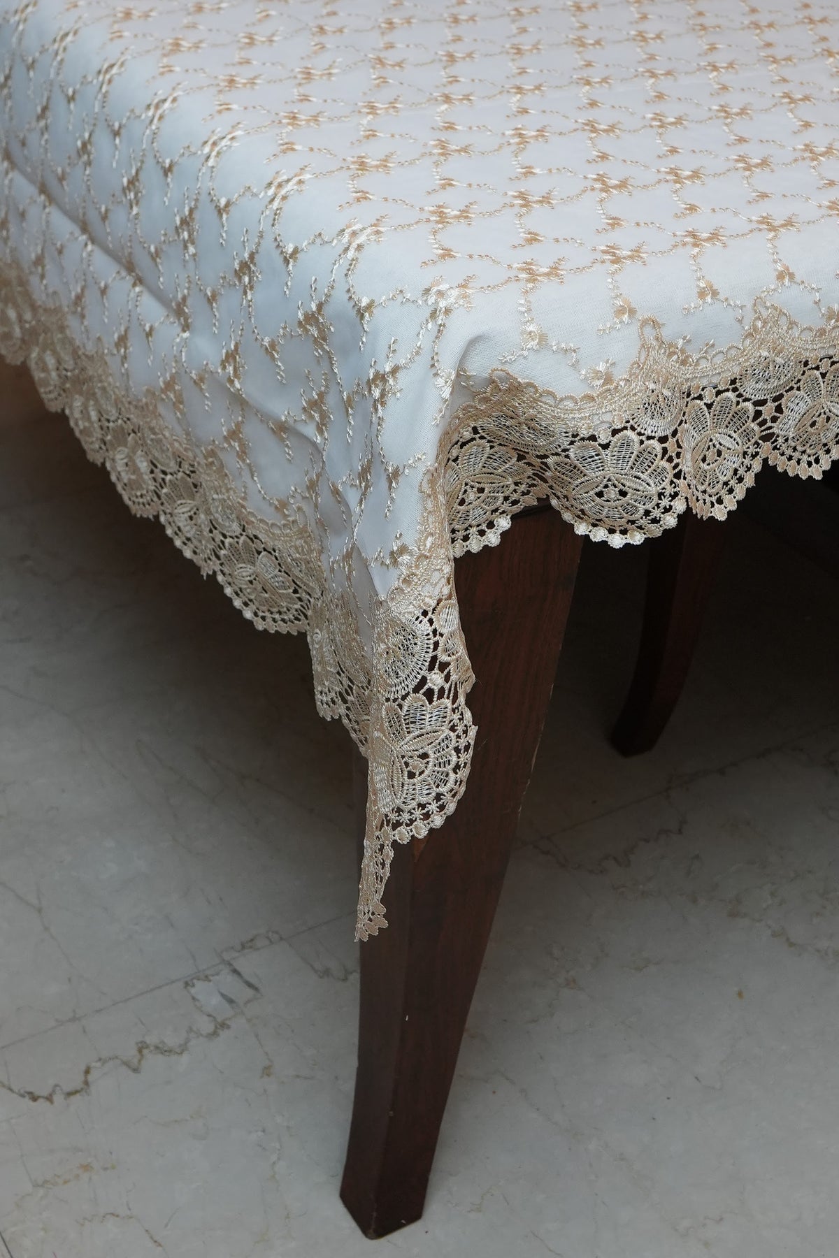 Gold Embroidered Trellis Linen Table Sheet with Lace Border (8 Seater)