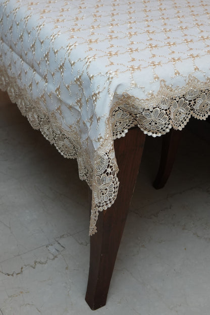 Gold Embroidered Trellis Linen Table Sheet with Lace Border (8 Seater)