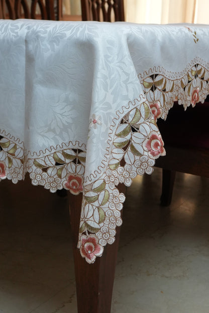 Pink Rose Embroidered Cutwork White Table Sheet (6 Seater)