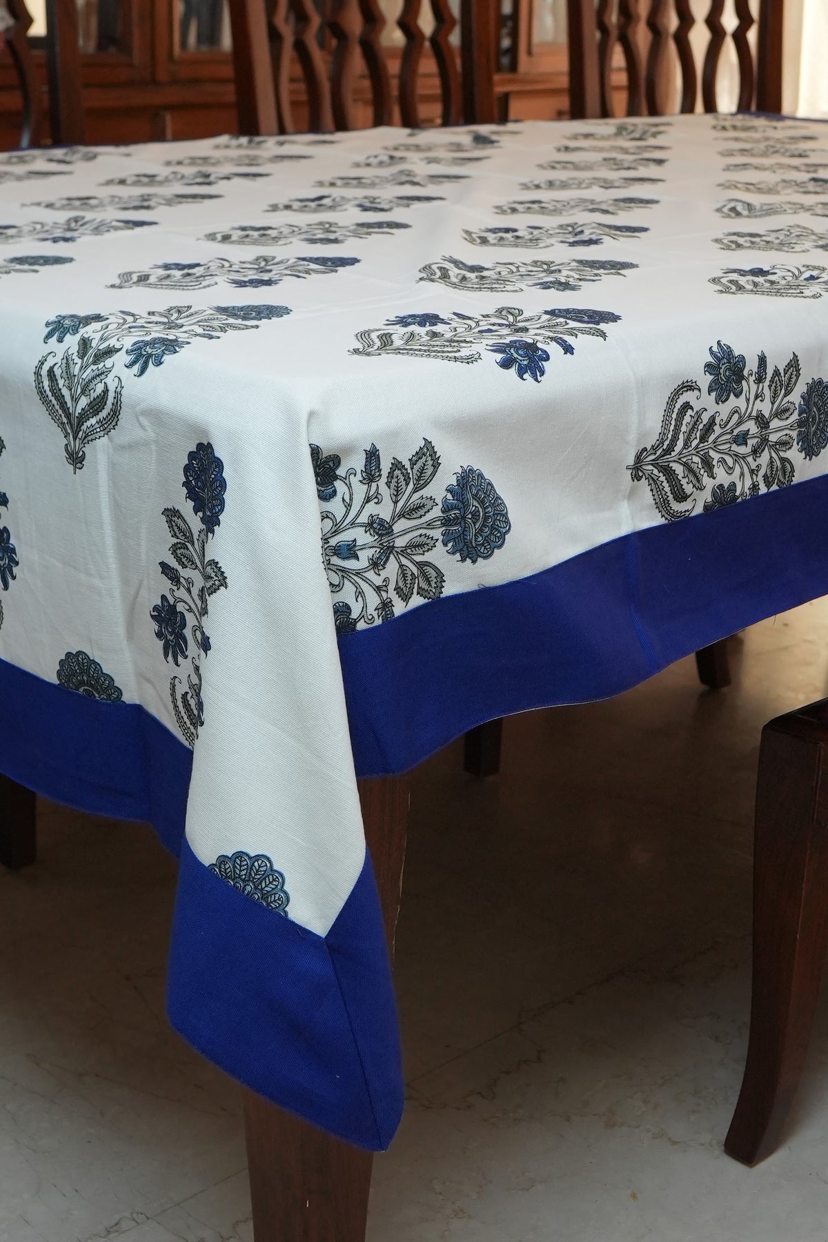 Navy Floral Buta Print Table Sheet with Blue Border (6 Seater)
