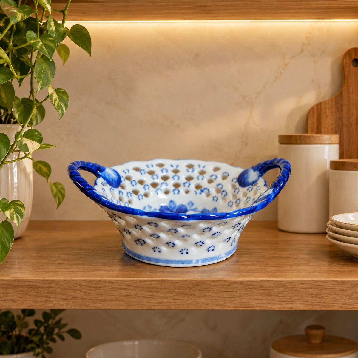 Cobalt Blue Floral Pierced Ceramic Basket with Handles