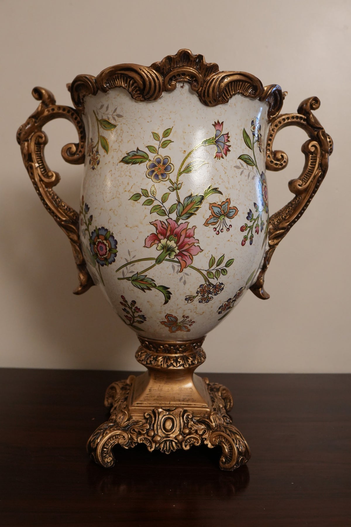 Ivory Floral Ceramic Trophy Vase with Ornate Gold Rim & Handles