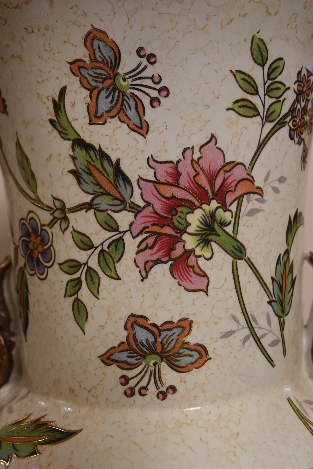 Ivory Floral Ceramic Urn Vase with Gold Scroll Handles & Pedestal