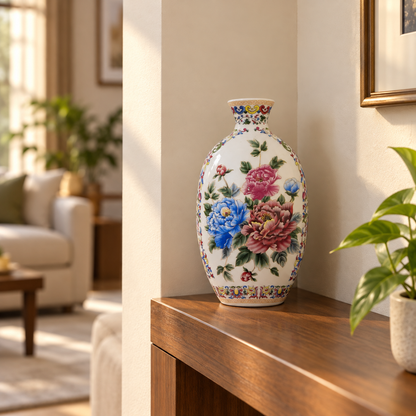 Peony Bouquet Ceramic Oval Flask Vase