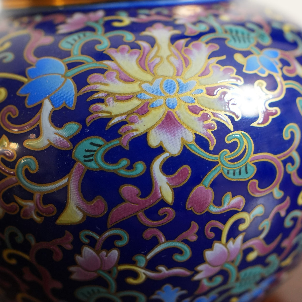Cobalt Blue Enamel Floral Ceramic Round Lidded Jar