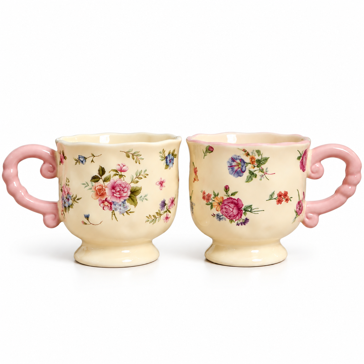Cottage Bloom Ceramic Mug with Pink Twisted Handle (Set of 2)