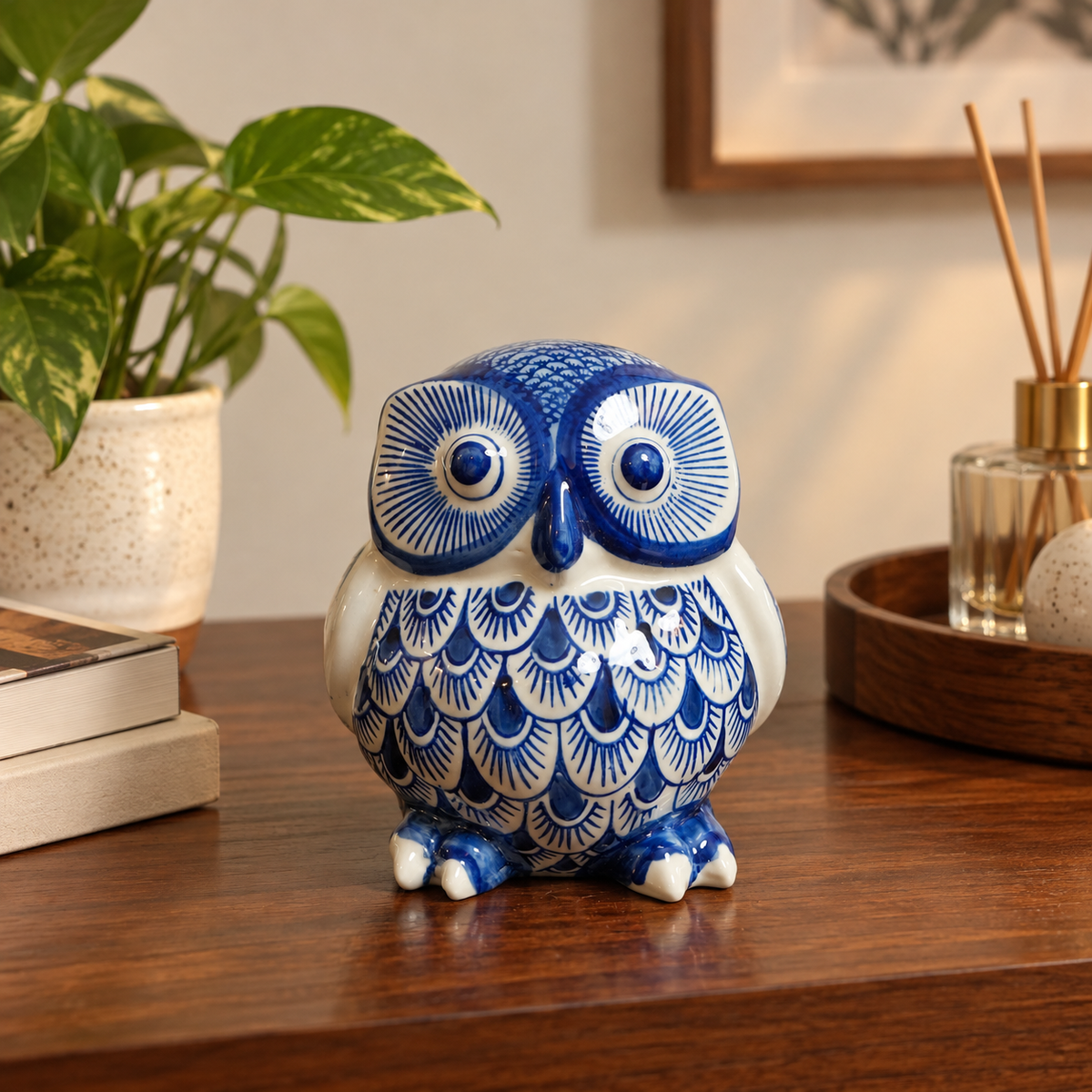 Blue & White Ceramic Owl Figurine