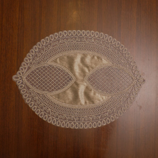 Taupe Satin Petal Lattice Lace Oval Table Mat (Set of 2)