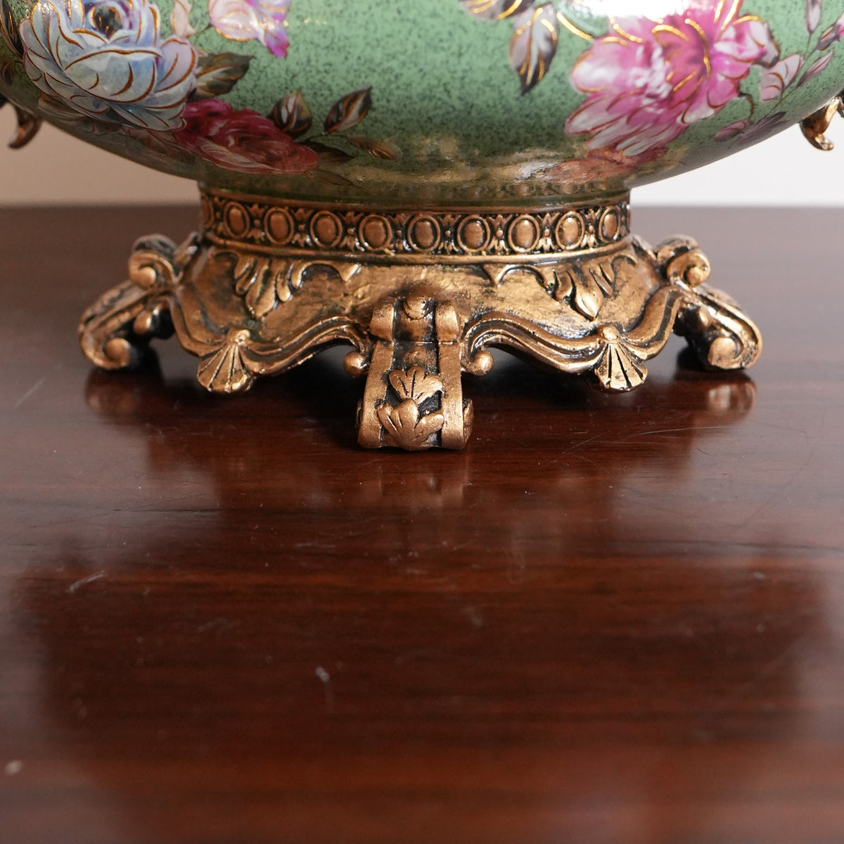 Sage Green Rose Ceramic Lidded Bowl with Gold Handles & Ornate Base