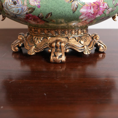 Sage Green Rose Ceramic Lidded Bowl with Gold Handles & Ornate Base