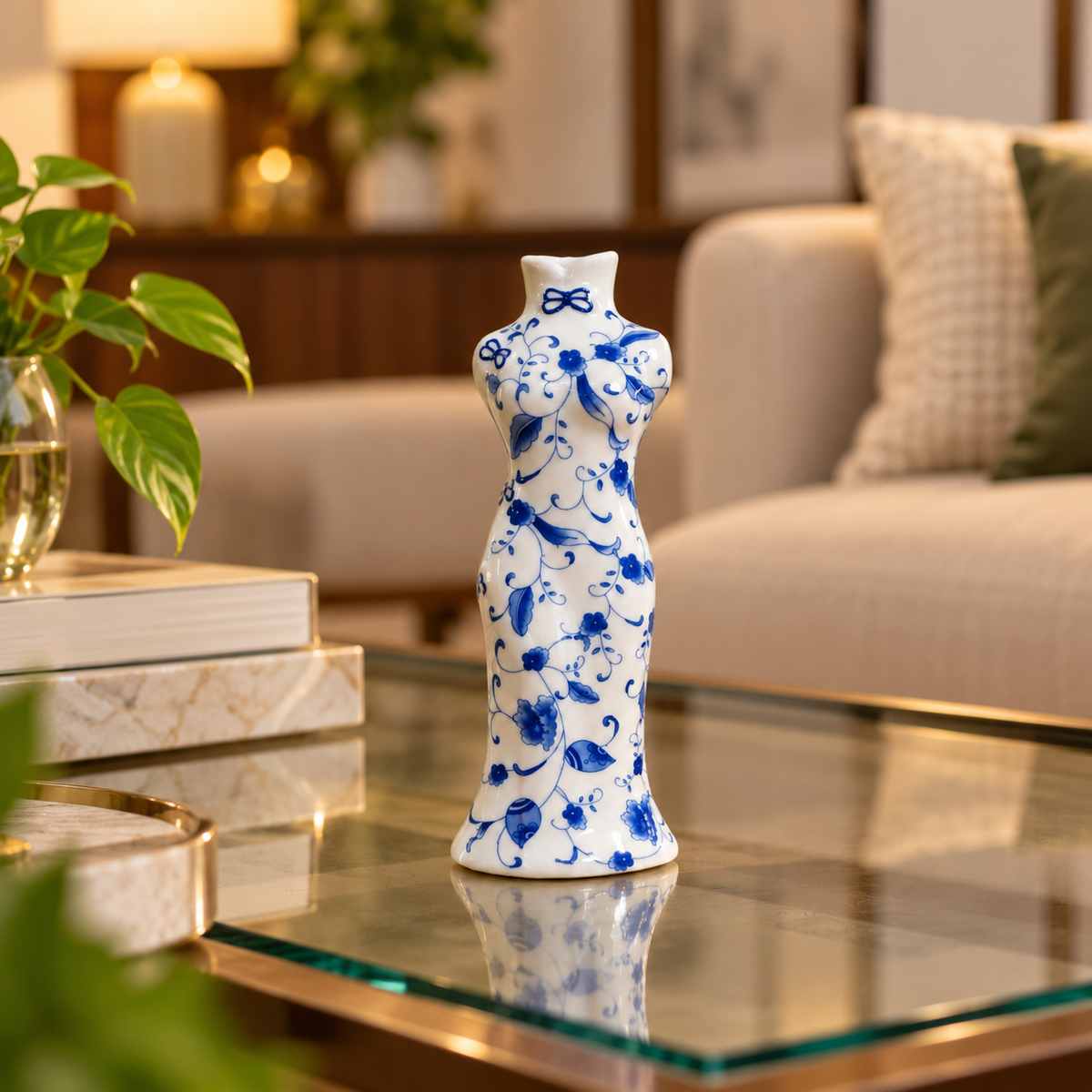 Blue Vine Qipao Lady Ceramic Bud Vase