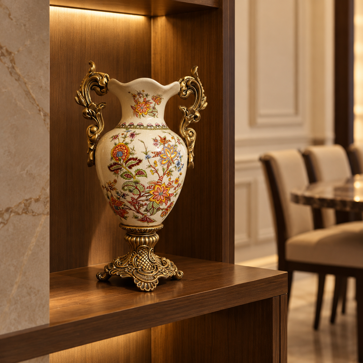 Ivory Jacobean Floral Ceramic Vase with Gold Scroll Handles & Pedestal