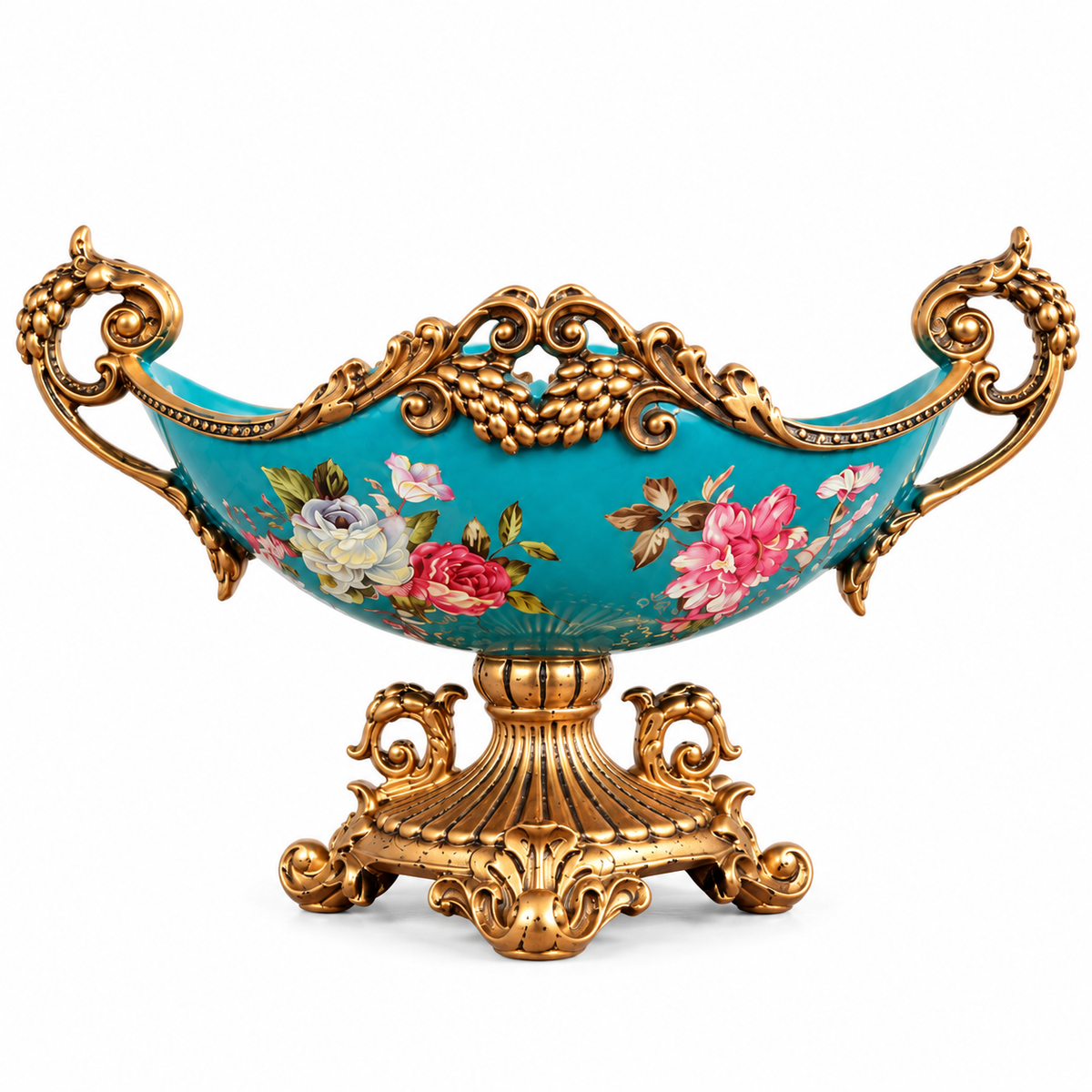 Teal Floral Ceramic Boat Centerpiece with Gold Handles