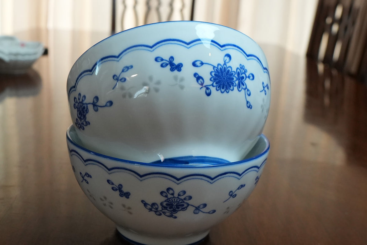 Blue Sprig Scalloped Ceramic Serving Bowl Set of 2