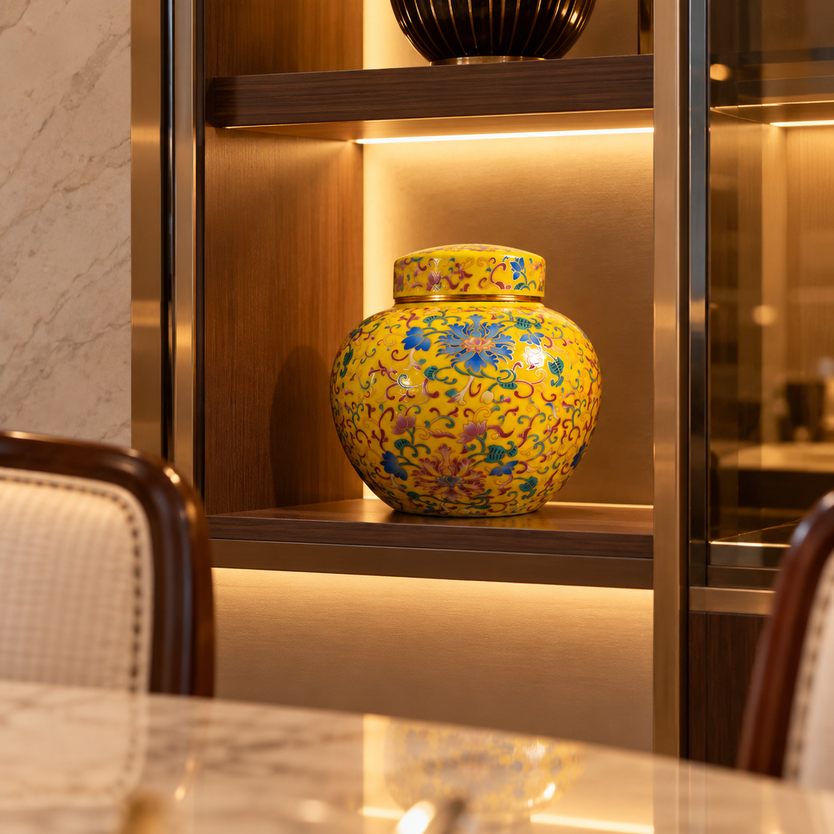 Imperial Yellow Enamel Floral Ceramic Round Lidded Jar