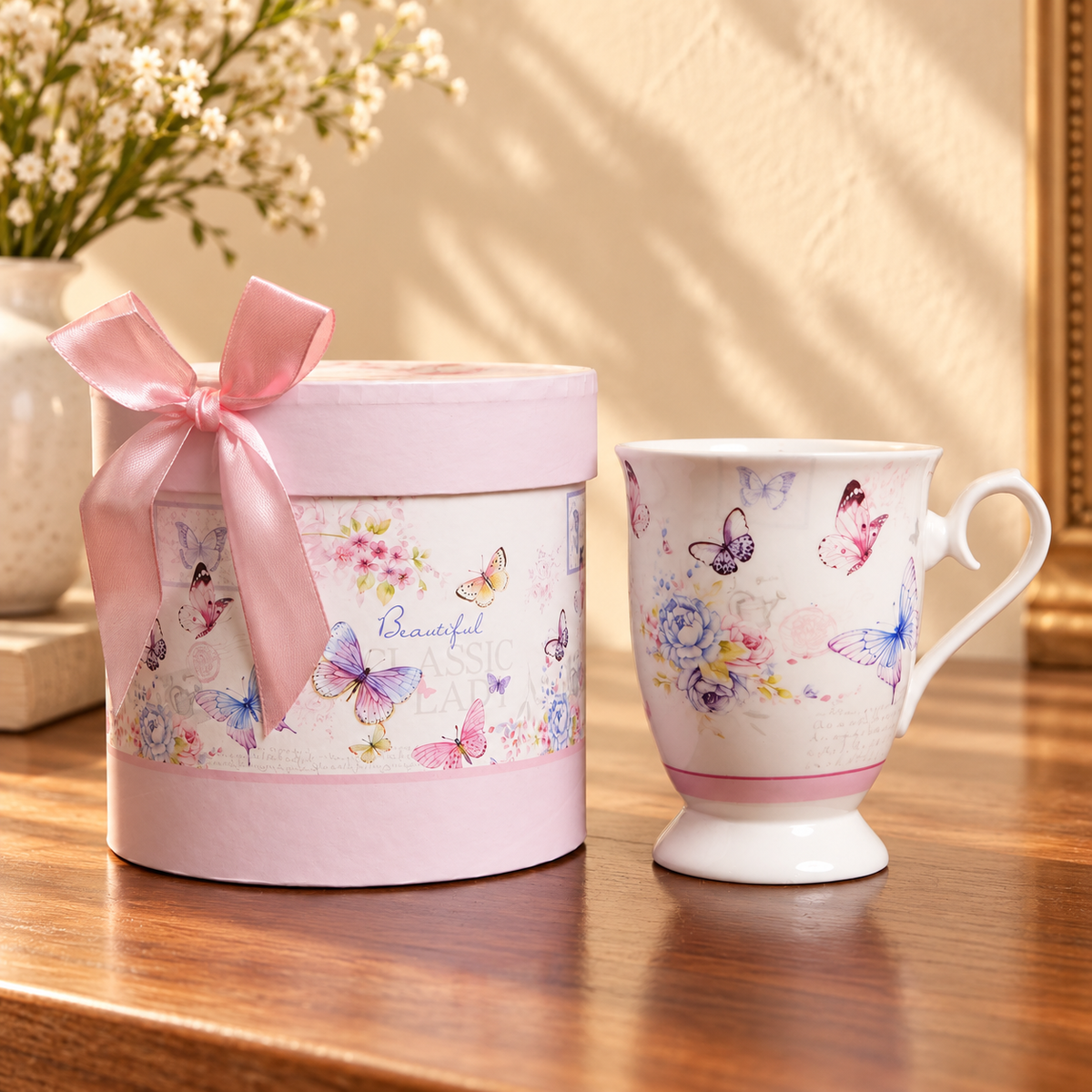 Butterfly Meadow Ceramic Mug with Round Gift Box