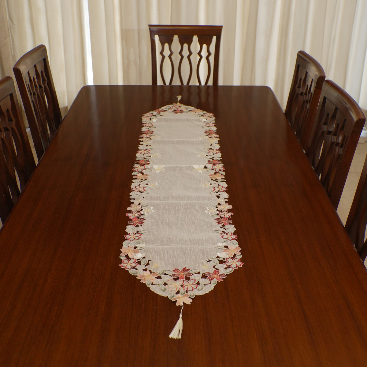 Red & Peach Floral Cutwork Linen Table Runner (Long)