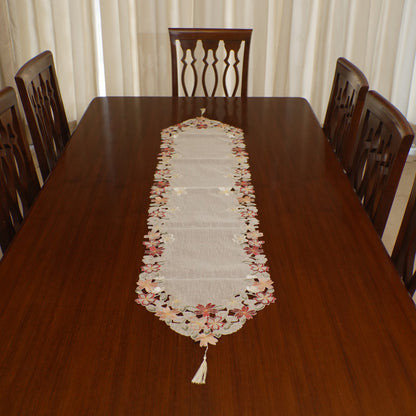 Red & Peach Floral Cutwork Linen Table Runner (Long)