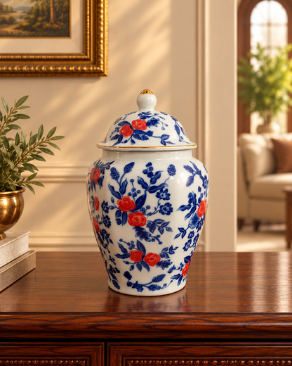Blue & White Ceramic Ginger Jar with Red Blossoms