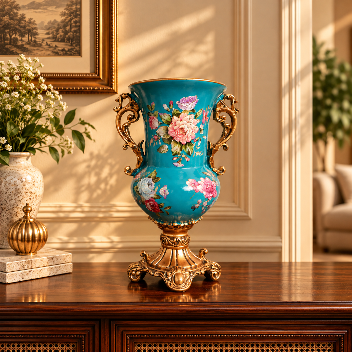Teal Peony Ceramic Trumpet Vase with Gold Handles & Pedestal