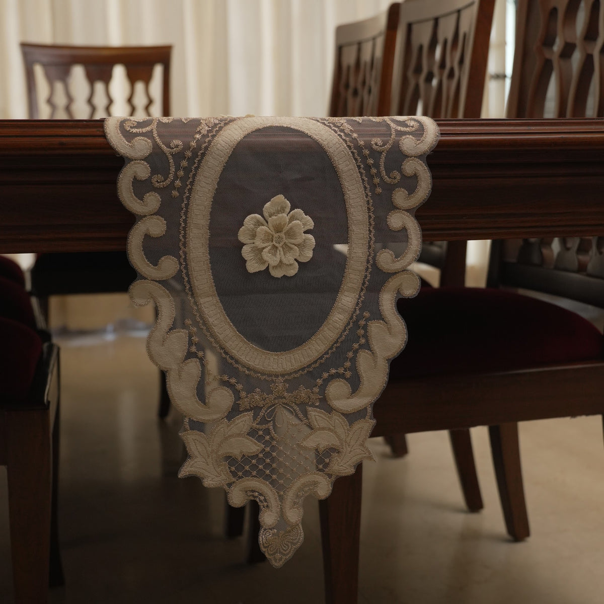 Champagne 3D Flower Oval Sheer Table Runner (Long)
