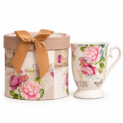 Classic Lady Floral Ceramic Mug with Round Gift Box