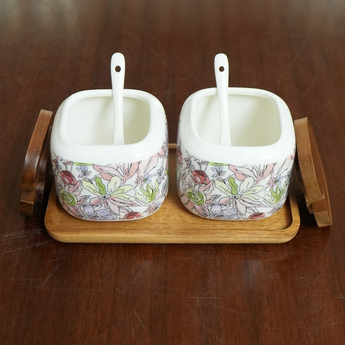 Pastel Blossom Ceramic Pickle Jar Set with Wooden Lids, Spoons & Tray (Set of 2)