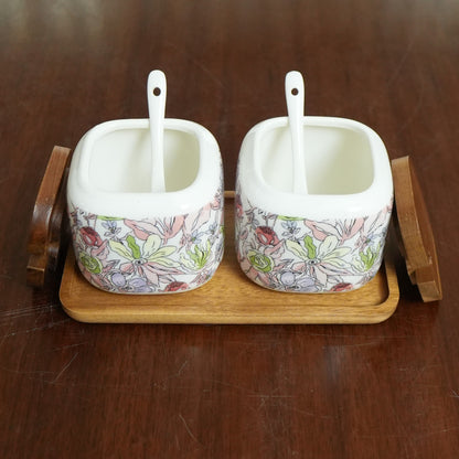 Pastel Blossom Ceramic Pickle Jar Set with Wooden Lids, Spoons & Tray (Set of 2)