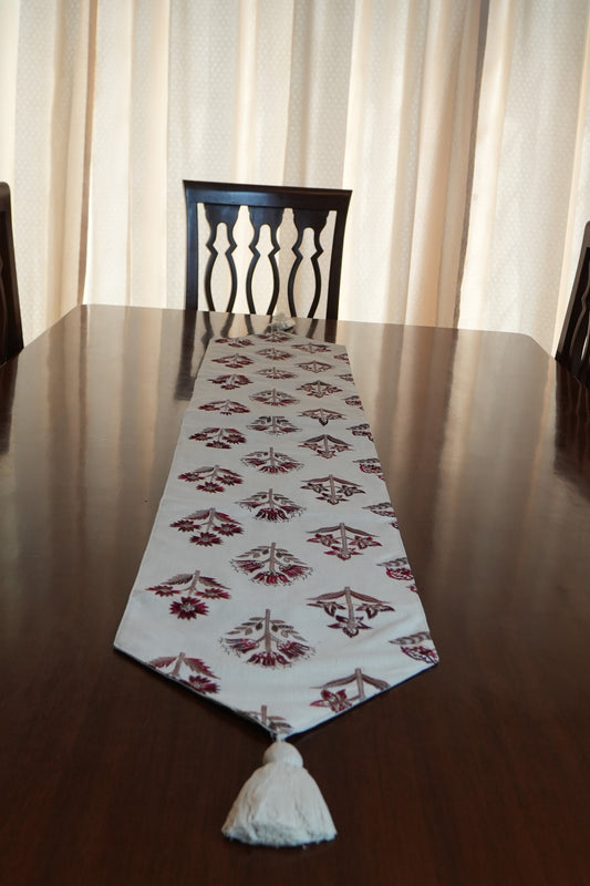 Maroon Floral Buta Table Runner with Tassels (Long)