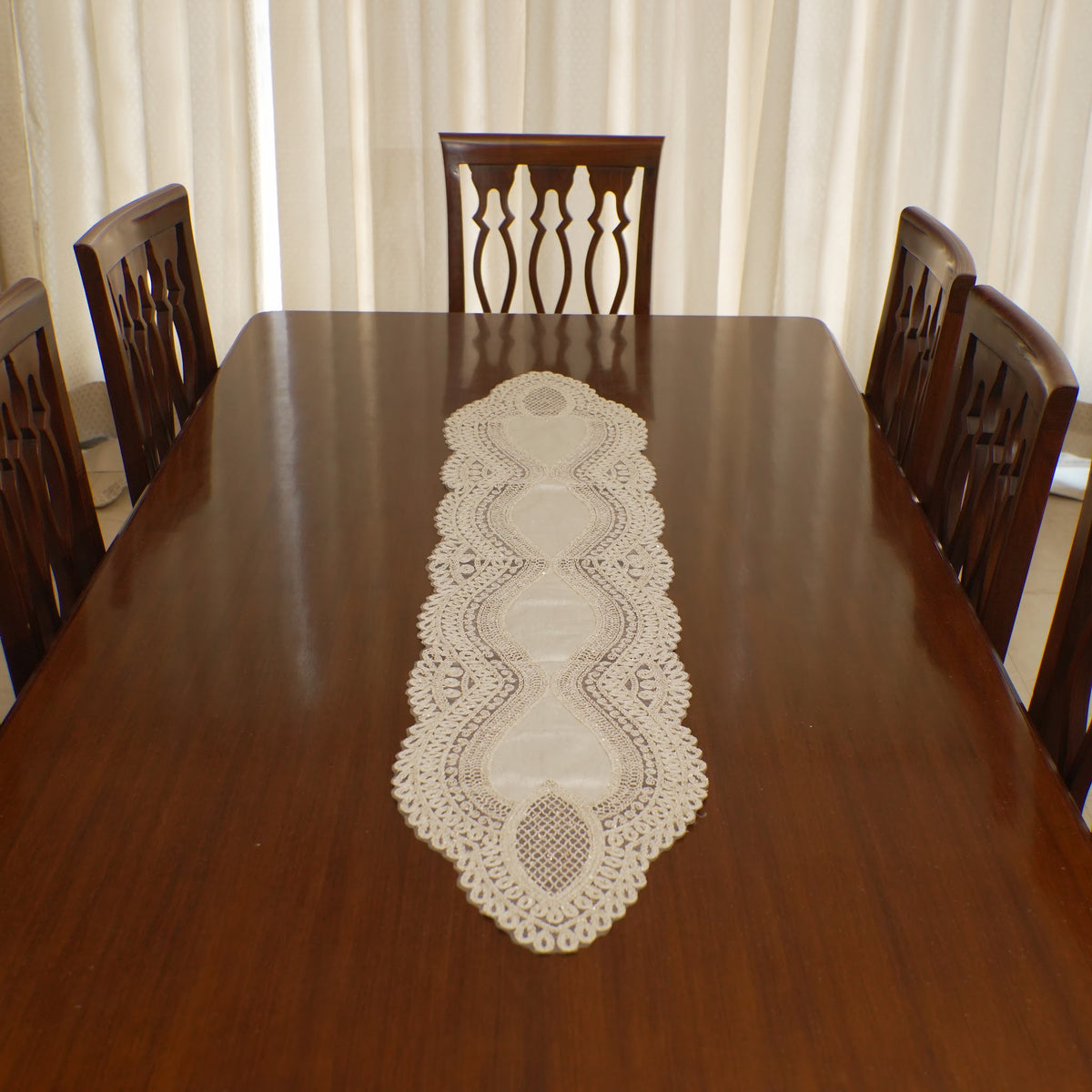 Ivory Satin Heart Lattice Lace Table Runner (Long)