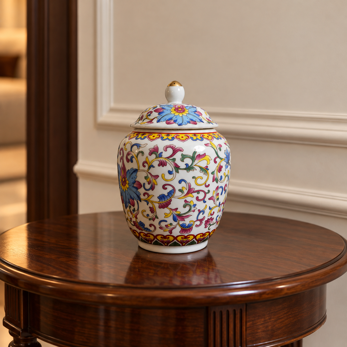 Multicolour Paisley Floral Ceramic Lidded Jar with Gold Knob
