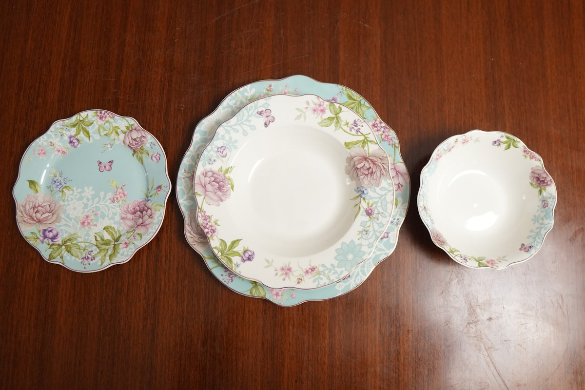 Aqua Peony Ceramic Dinner Plate Set of 2