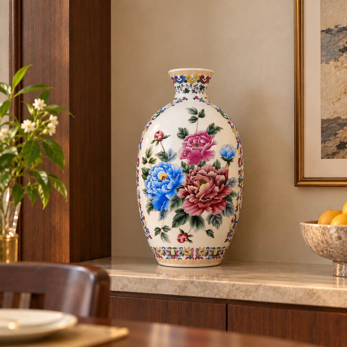 Peony Bouquet Ceramic Oval Flask Vase