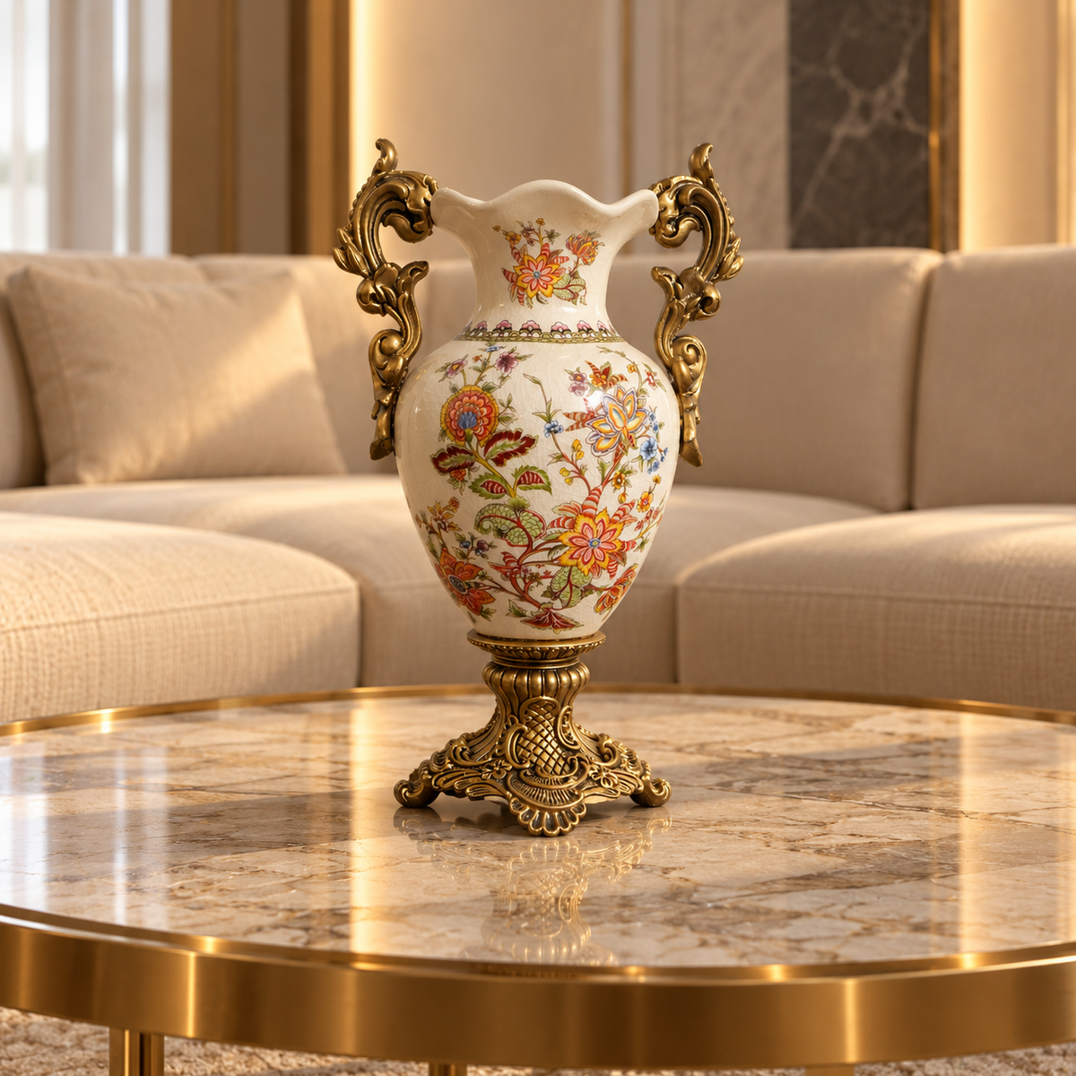 Ivory Jacobean Floral Ceramic Vase with Gold Scroll Handles & Pedestal