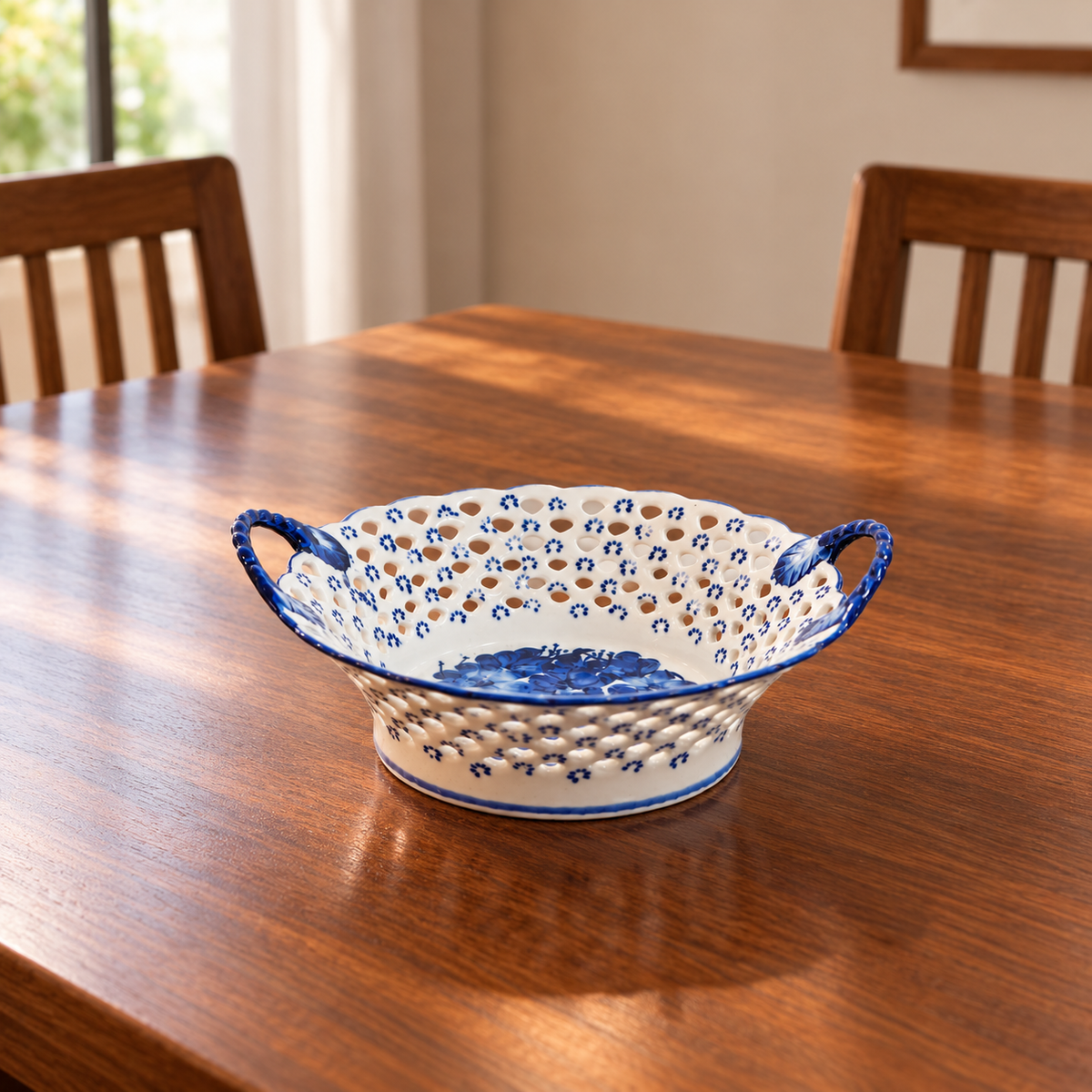 Blue Floral Pierced Lattice Ceramic Basket with Handles