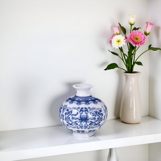 Round Blue and White Small Ceramic Vase with Classic Floral Oriental Design
