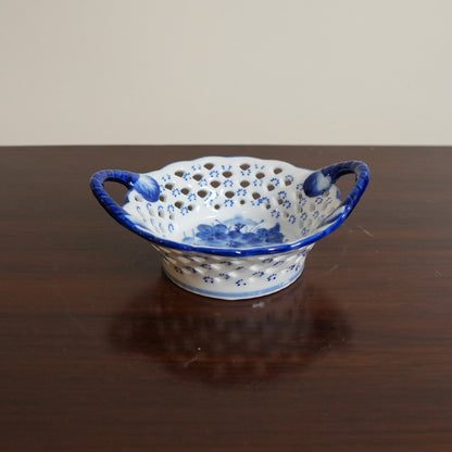 Cobalt Blue Floral Pierced Ceramic Basket with Handles