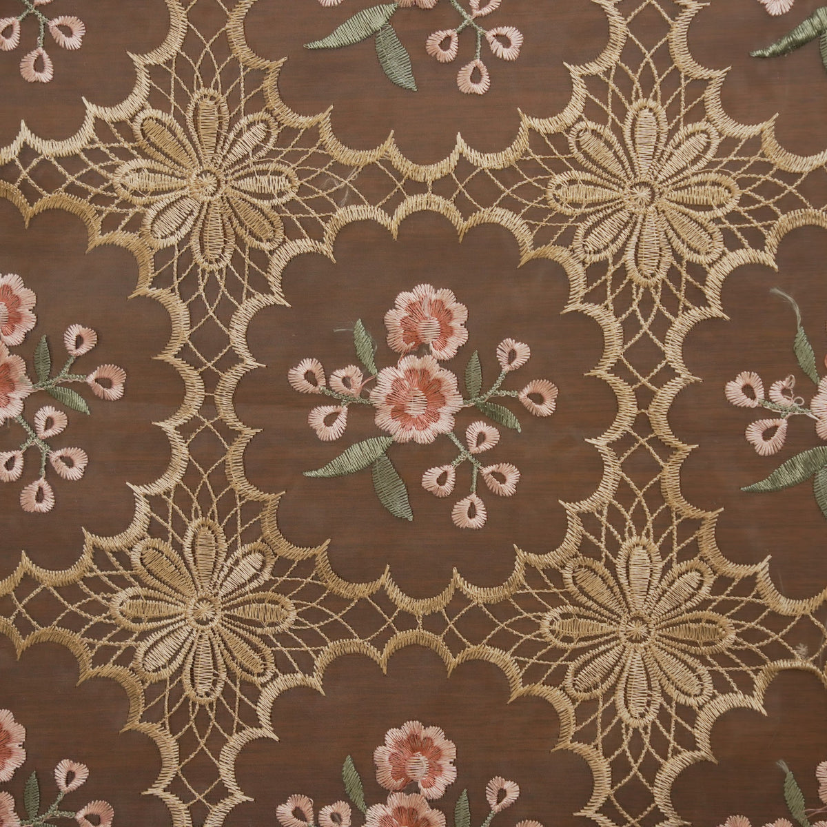 Close-up of the embroidered pink blossoms