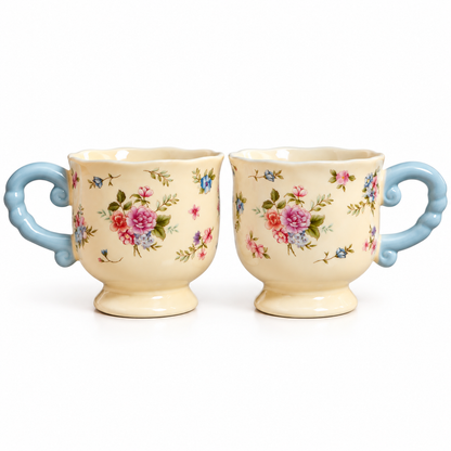 Cottage Bloom Ceramic Mug with Blue Twisted Handle (Set of 2)