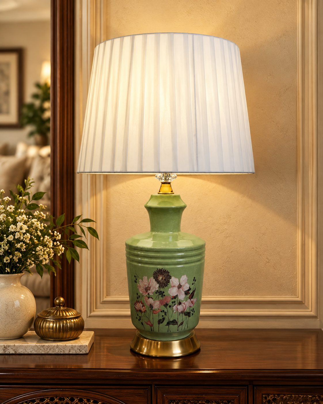 Sage Green Blossom Ceramic Table Lamp with Gold Base